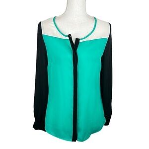 Worthington Green White Black Button Down Sheer Top Size Small